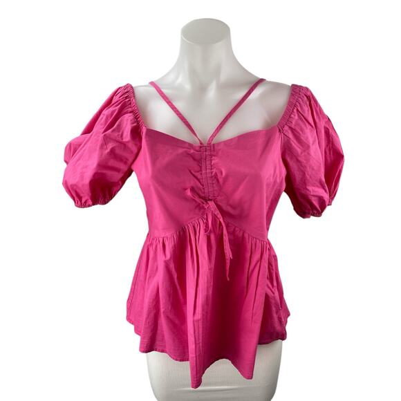 Aqua Women's Fuchsia Pink Short Puff Sleeve Ruched Tie Peplum Blouse Top Size M - Picture 1 of 3